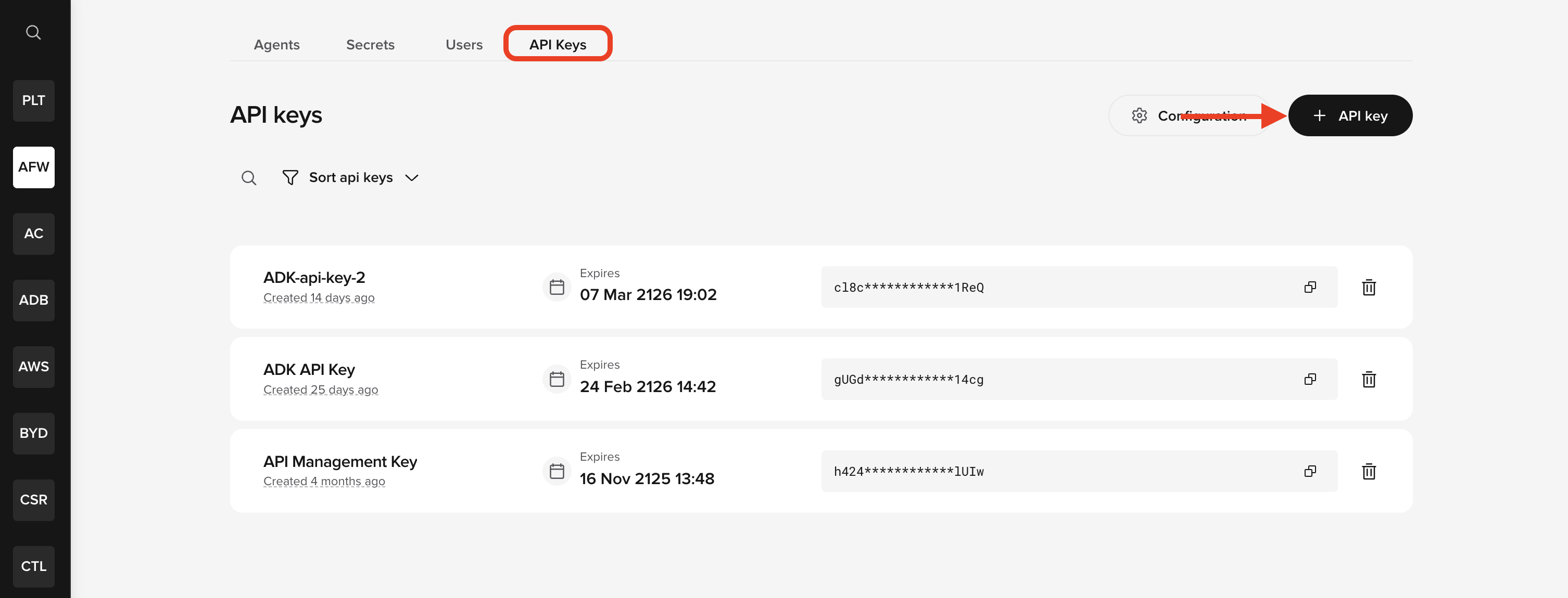 Generating an API key in Agent Studio — API Keys tab with the + API key button highlighted