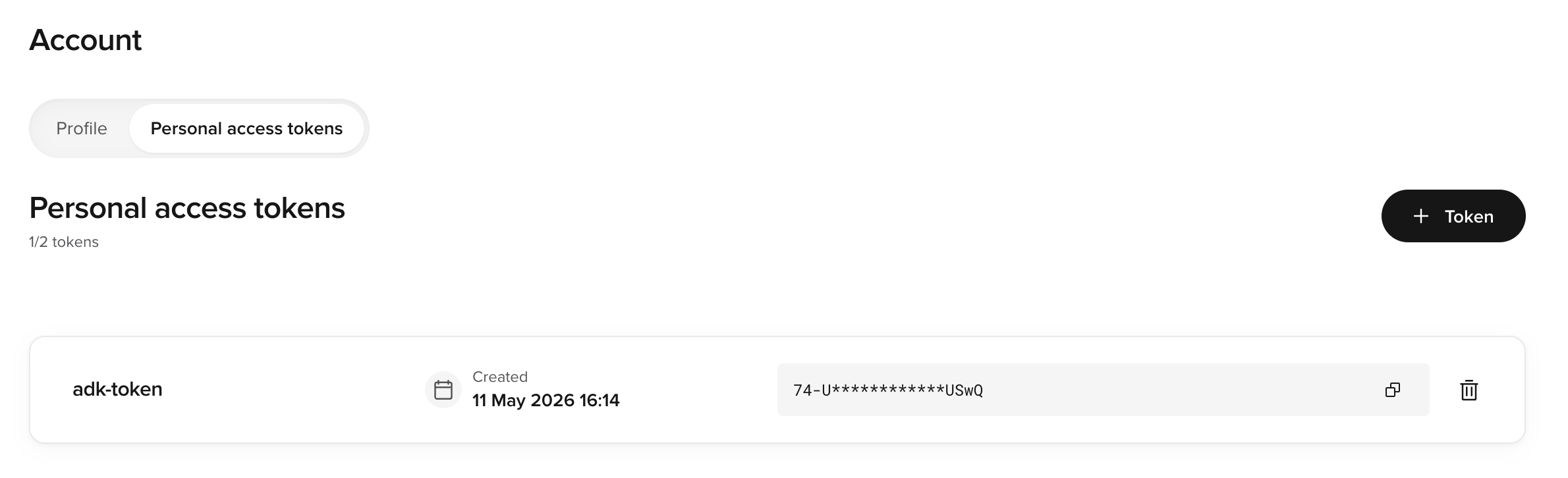 Agent Studio account page with the Personal Access Token tab selected, showing the + Token button